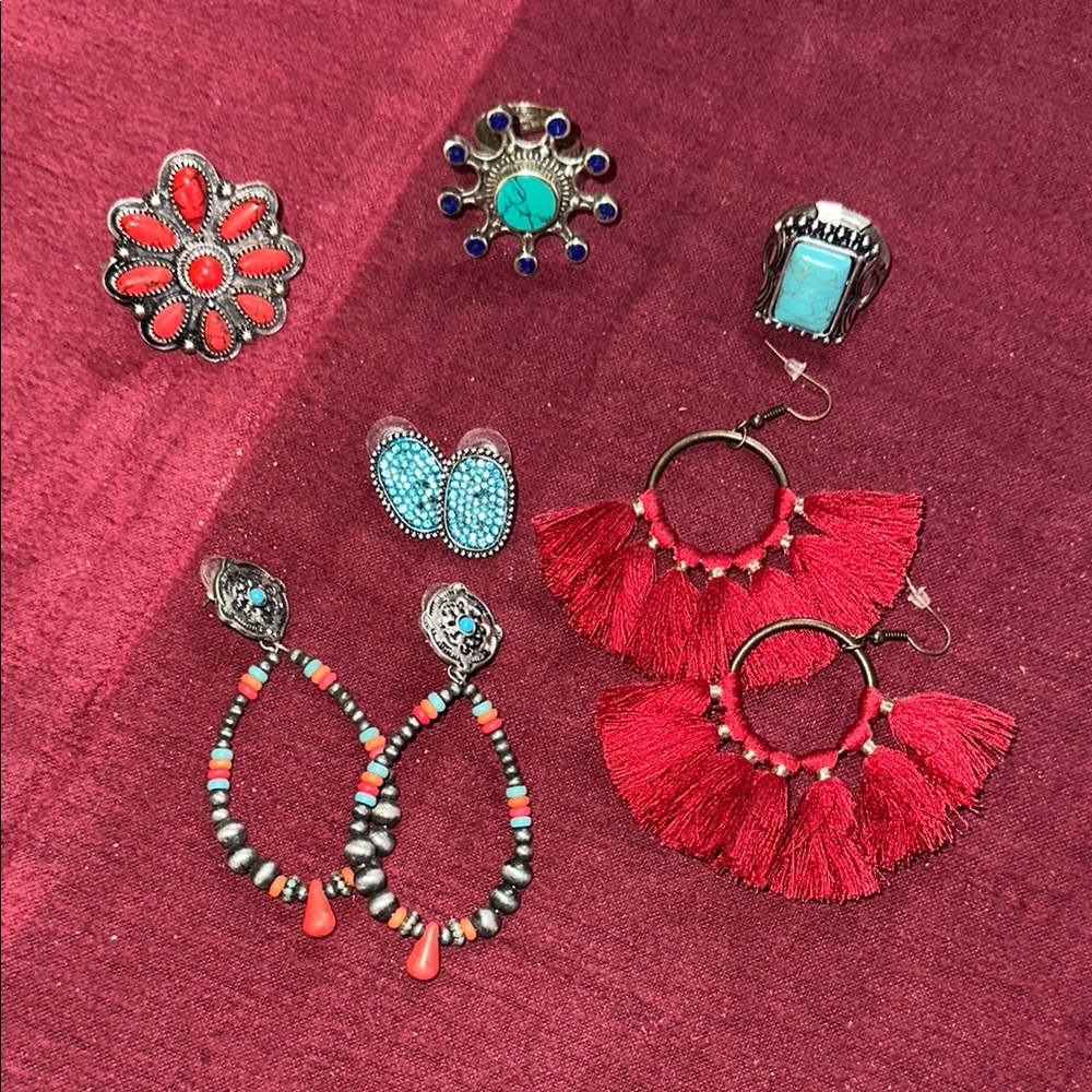 Red and Turquoise Boho Earrings and Rings Set